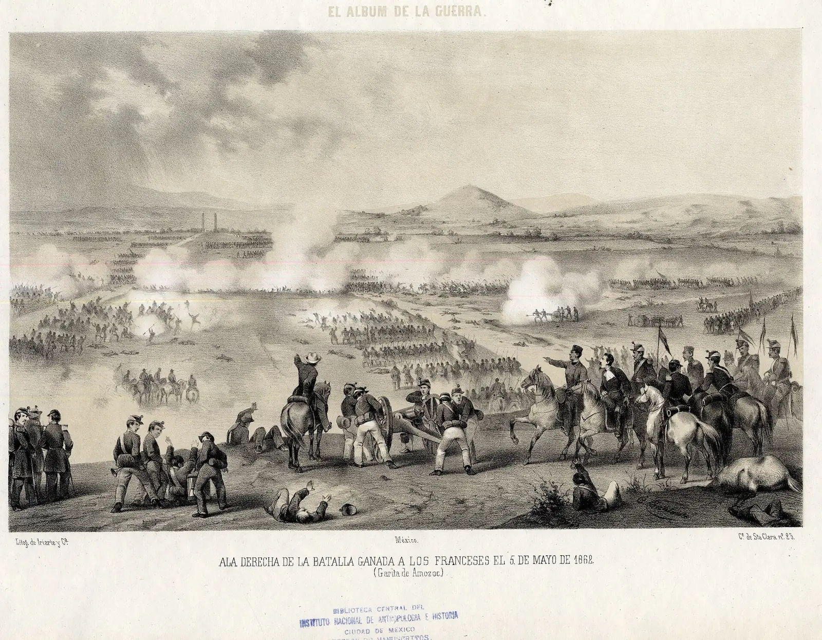 Lithograph of the Battle of Puebla showing the armies on the plain below Cerro de Guadalupe