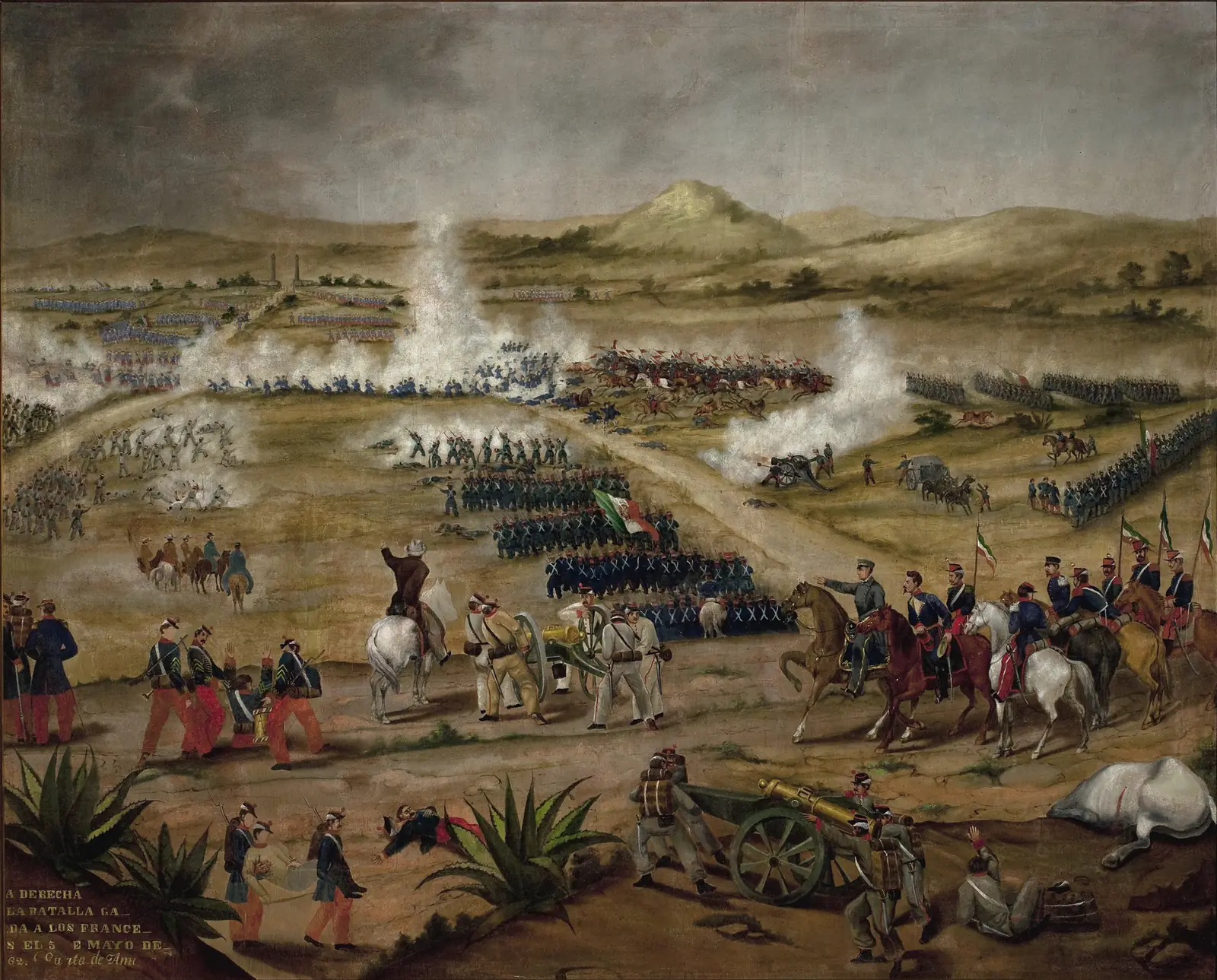 Nineteenth-century painting of the Battle of Puebla: French infantry in blue advancing across a field of maguey