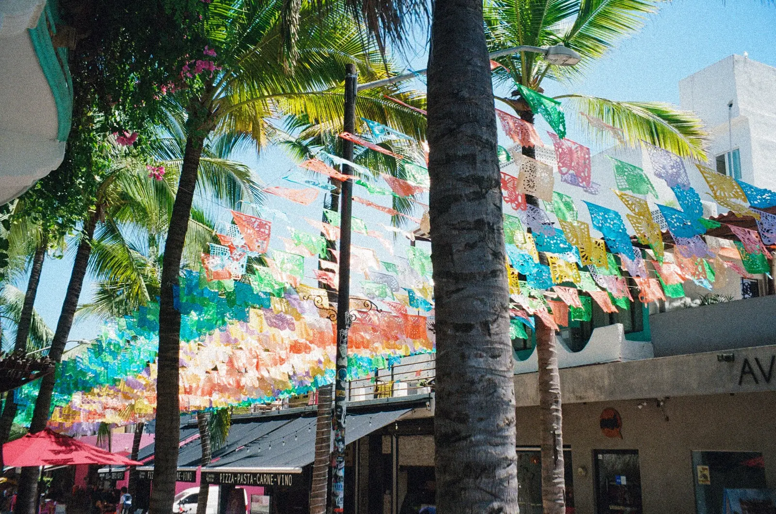 Strings of coloured papel picado banners hung over a street under palm trees