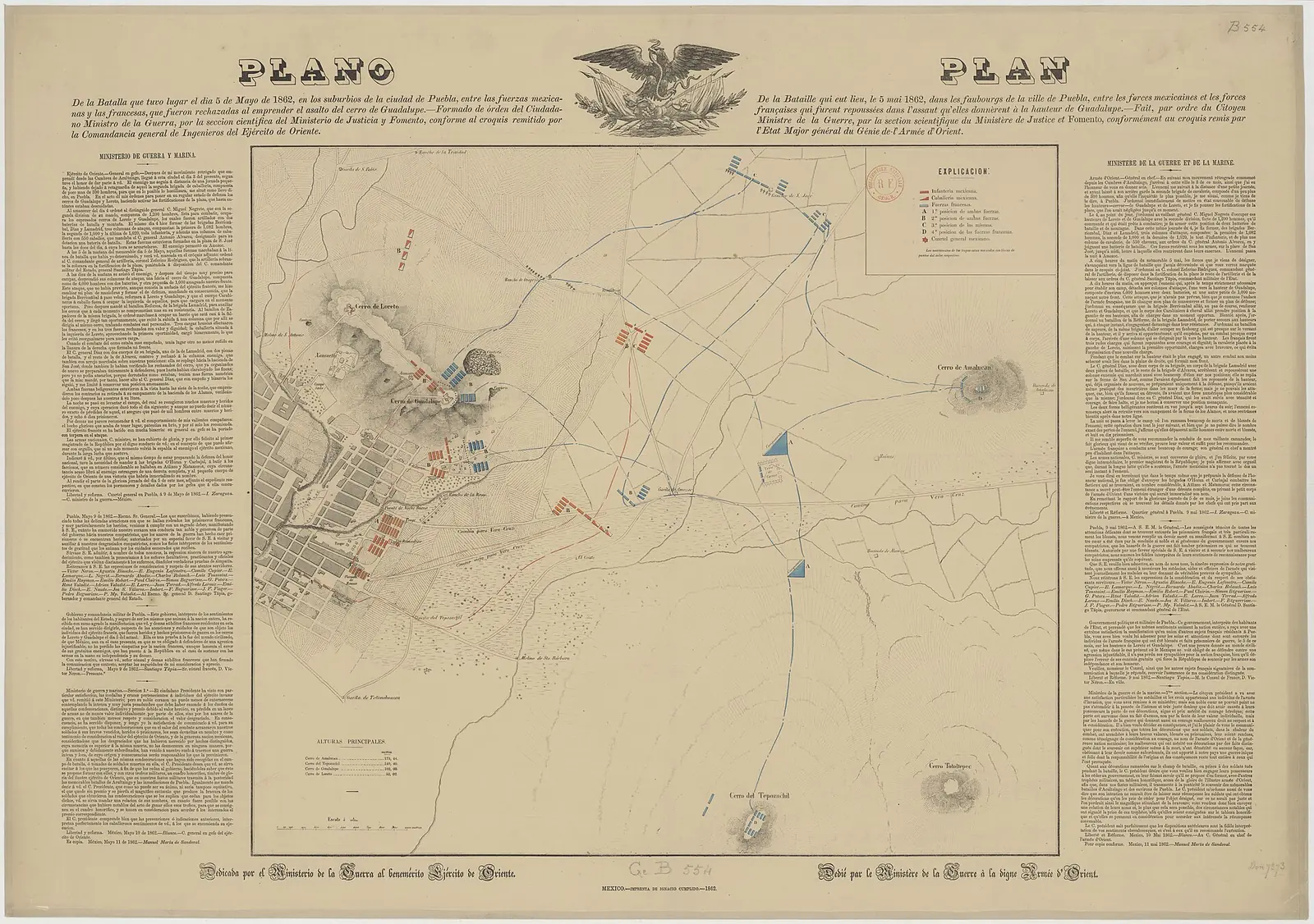 The 1862 printed plan of the Battle of Puebla, with the forts of Loreto and Guadalupe and the French and Mexican positions