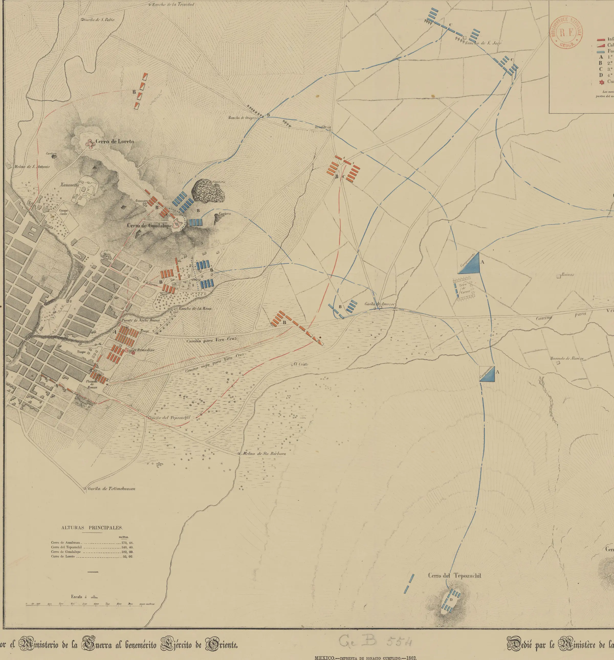 Detail of the 1862 printed plan of the Battle of Puebla: the city at left, the hills of Loreto and Guadalupe above it, French and Mexican troop positions in blue and red, and the road to Veracruz across the plain